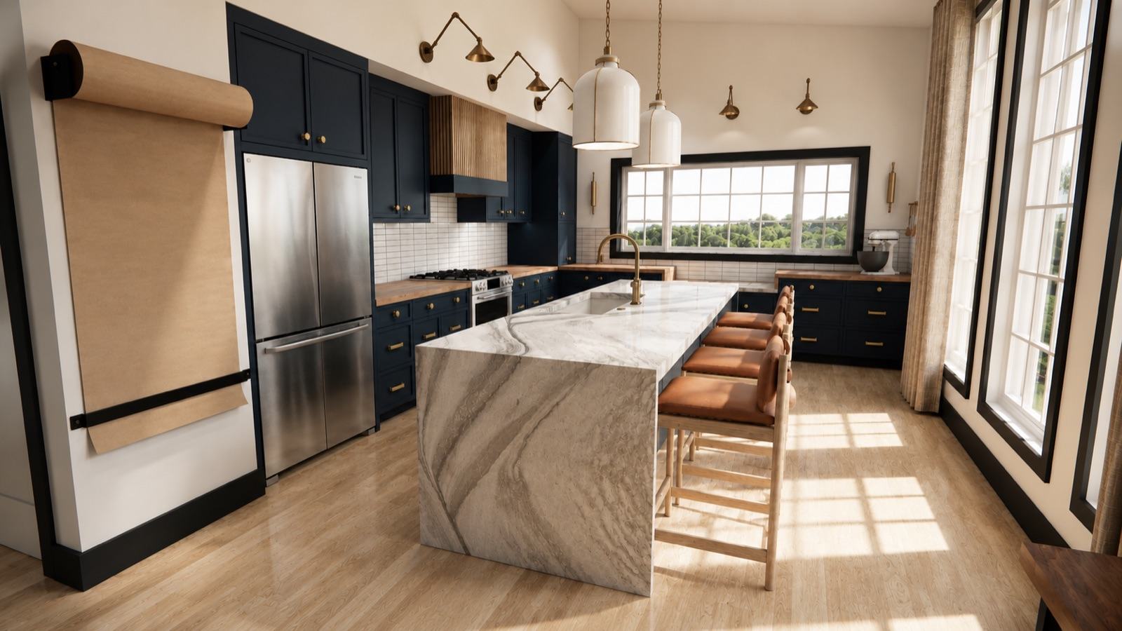Kitchen with navy shaker cabinetry, a marble waterfall island with brass gooseneck faucet and leather-and-wood barstools, brass articulating sconces, white dome pendants, butcher-block perimeter counters, and white oak floors — Damn Good Interiors interior design, Elmira, NY