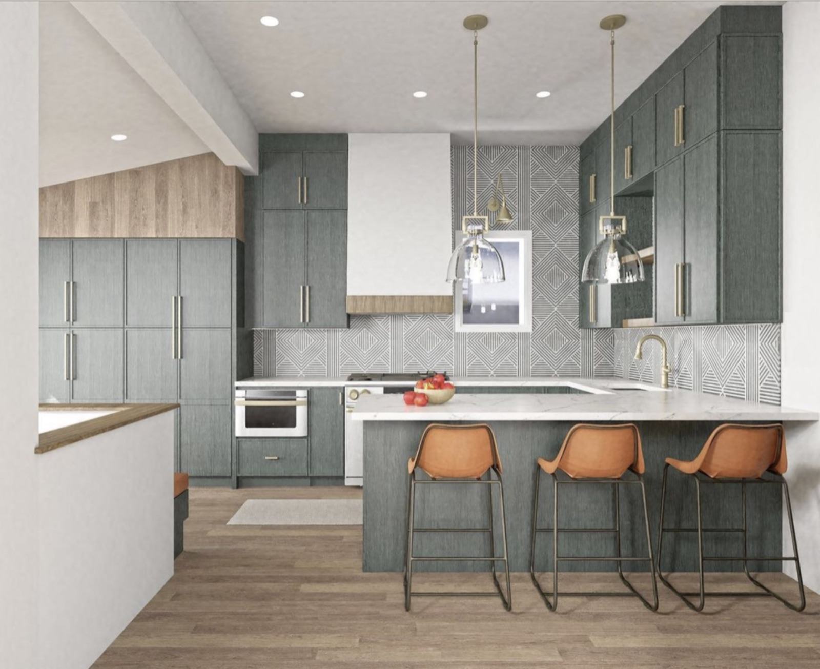 Kitchen with sage-green flat-panel cabinetry, a white marble waterfall peninsula with cognac leather barstools, a geometric black-and-white diamond-tile backsplash, a white plaster range hood, brass fixtures, and glass dome pendant lights — Damn Good Interiors interior design, Denver, CO