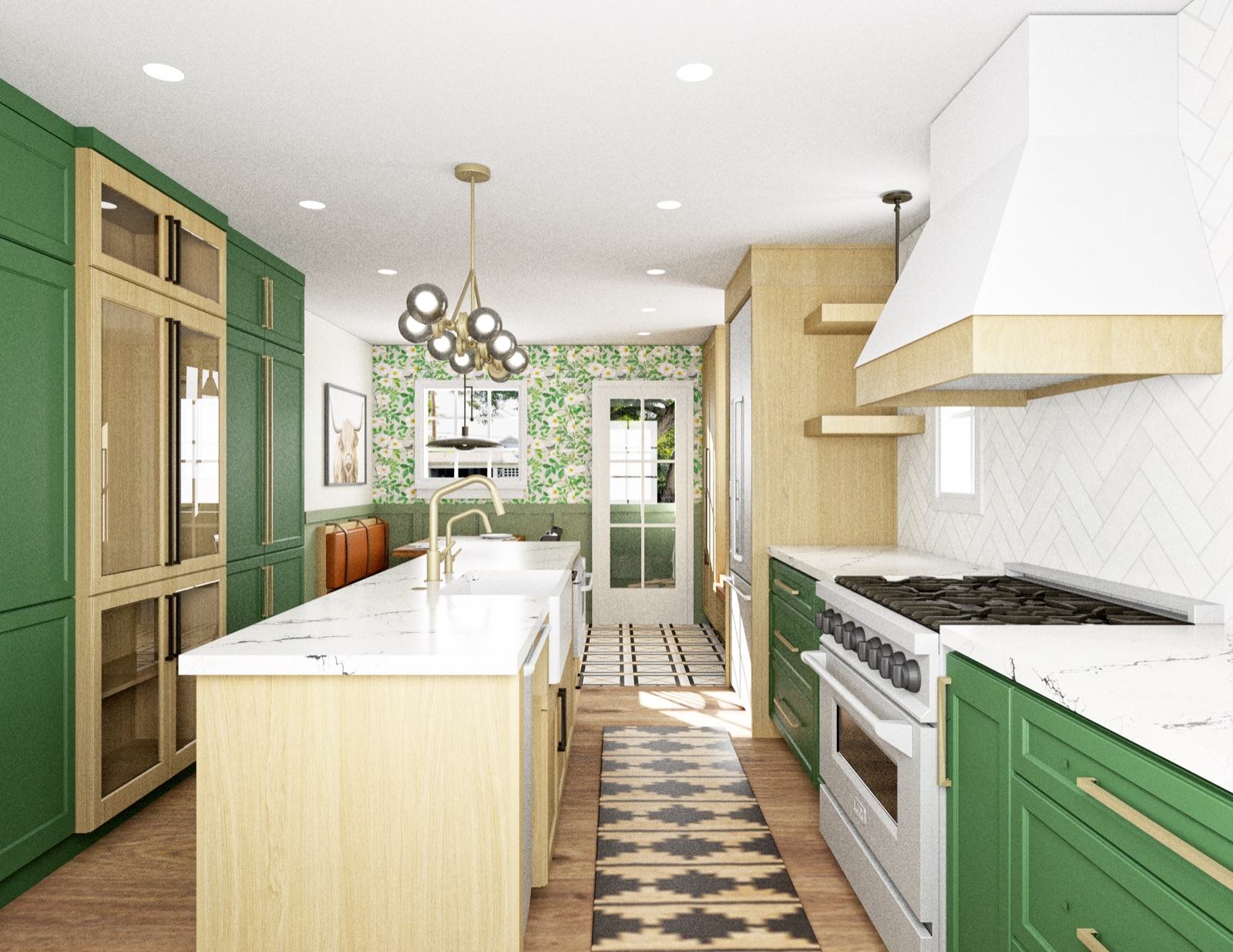 Kitchen design concept rendering with forest-green cabinetry, natural wood island, and floral wallpaper accent wall — Damn Good Interiors interior design, Denver, CO