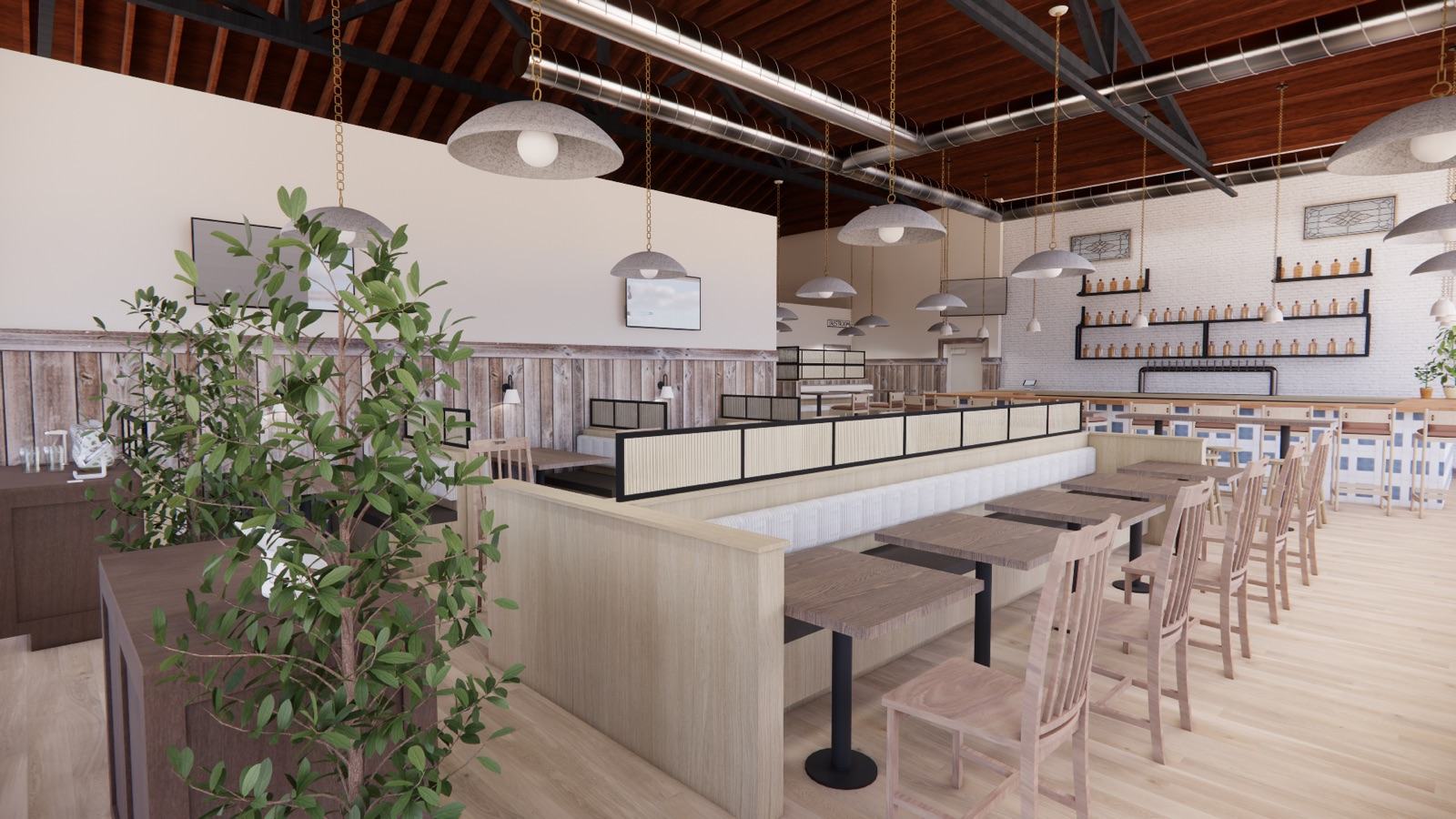 Restaurant design rendering with exposed truss ceiling, weathered wood wainscoting, and dome pendant lighting over the bar — Damn Good Interiors interior design, Denver, CO