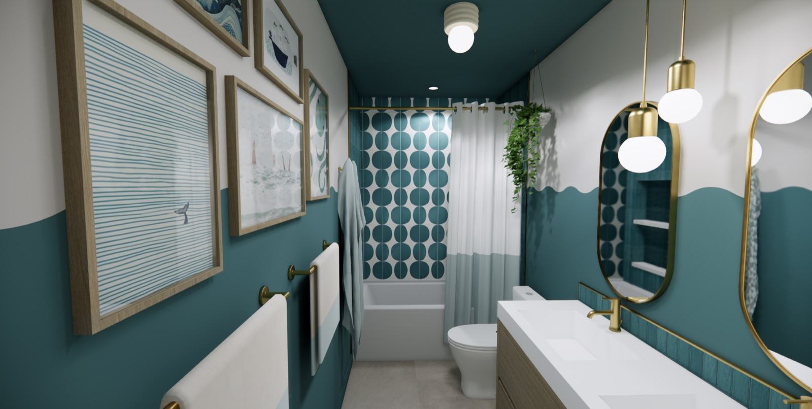 Ocean-themed kids' bathroom with two-tone teal walls, mod teal-and-white circle-pattern shower tile, brass pill-shaped mirrors and globe pendant lights, a white oak double vanity, and a framed nautical gallery wall — Damn Good Interiors interior design, Thunder Lake Circle, Lafayette, CO