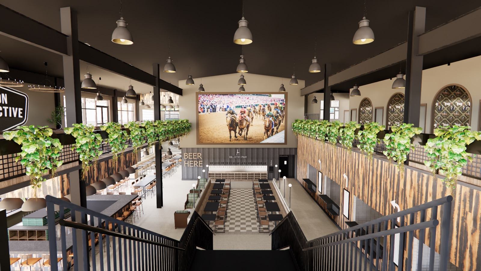 Two-story food hall with a large projection screen, hanging greenery along the mezzanine, and checkered-floor dining below — Damn Good Interiors interior design, Louisville, KY