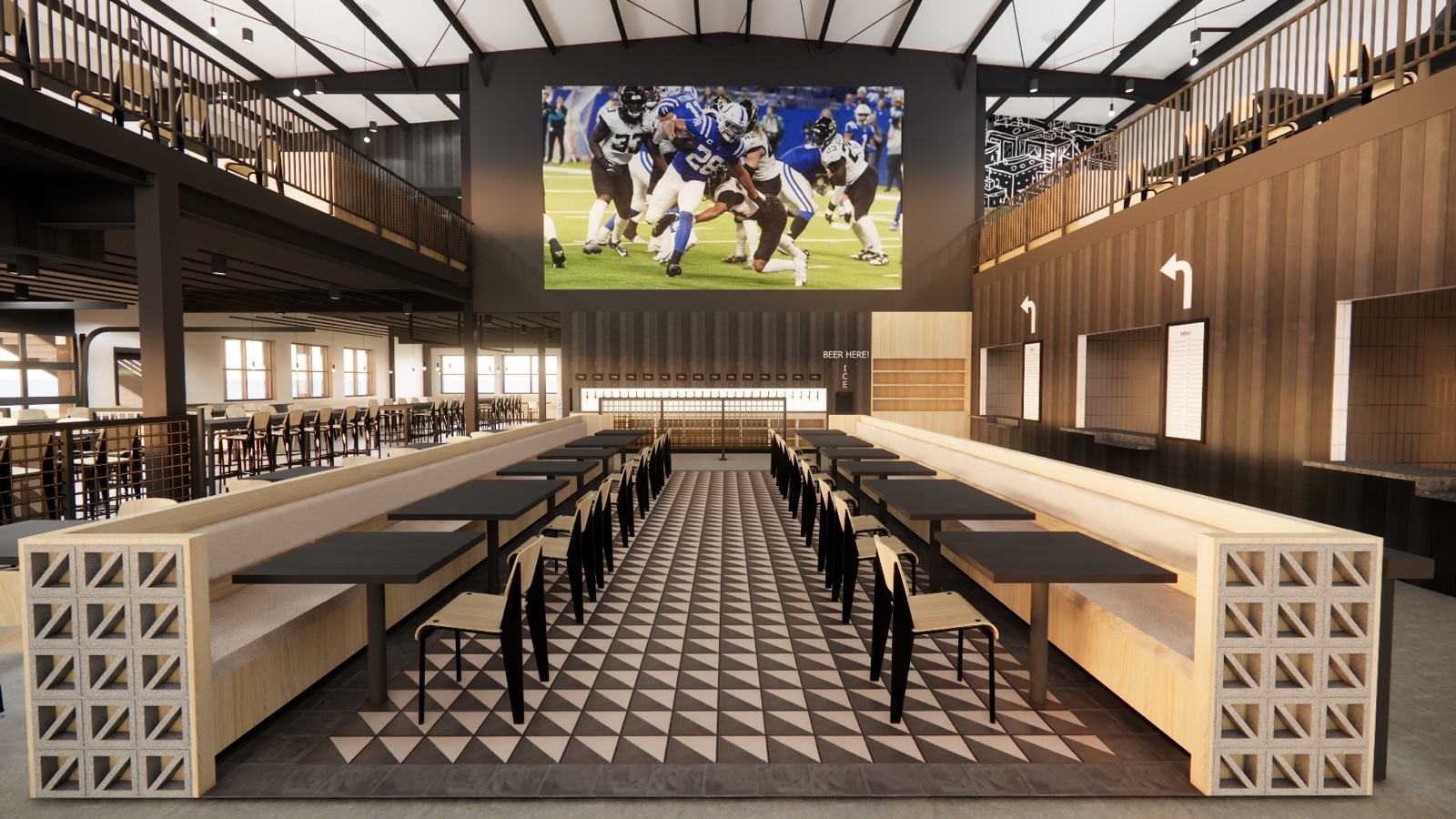 Food hall and beer hall interior design rendering with long communal tables and bench seating, concrete breeze-block bench ends, a geometric triangle-tile floor, a self-serve beer tap wall with order windows, and a large central video screen showing football beneath an exposed-truss ceiling — Damn Good Interiors interior design, Westfield, IN